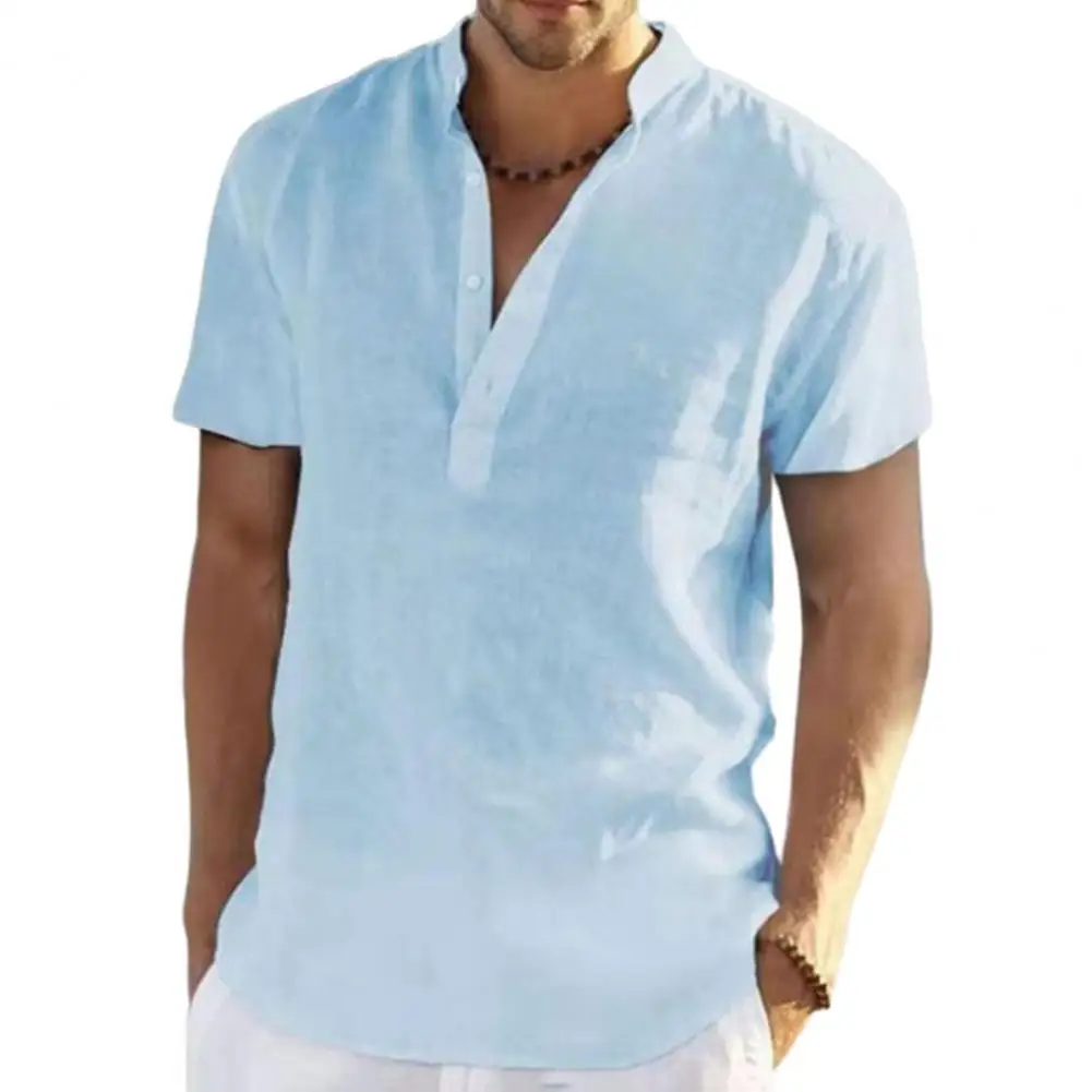 

Summer Shirt Men Top 2023 Stand Collar V-neck Buttons Half Placket Short Sleeve Solid Color Loose Fit Thin Tee Shirt Streetwear