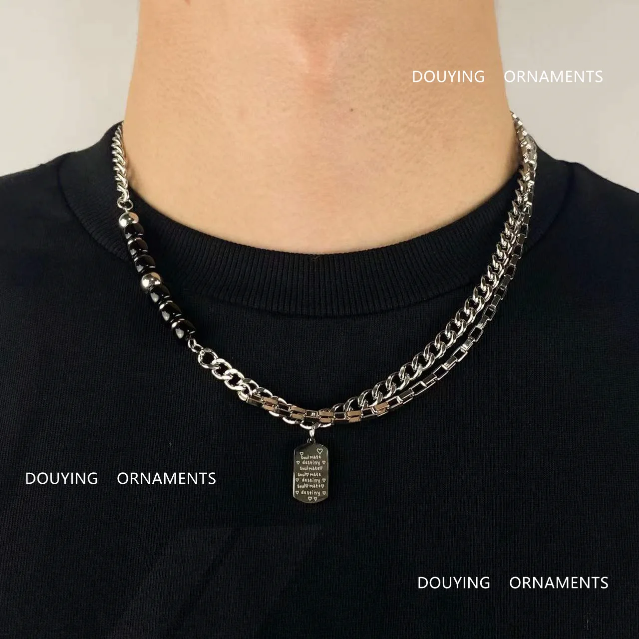 

Модное Трендовое ожерелье с биркой из титановой стали для мужчин, простое простроченное ожерелье из нержавеющей стали с черными бусинами, ю...