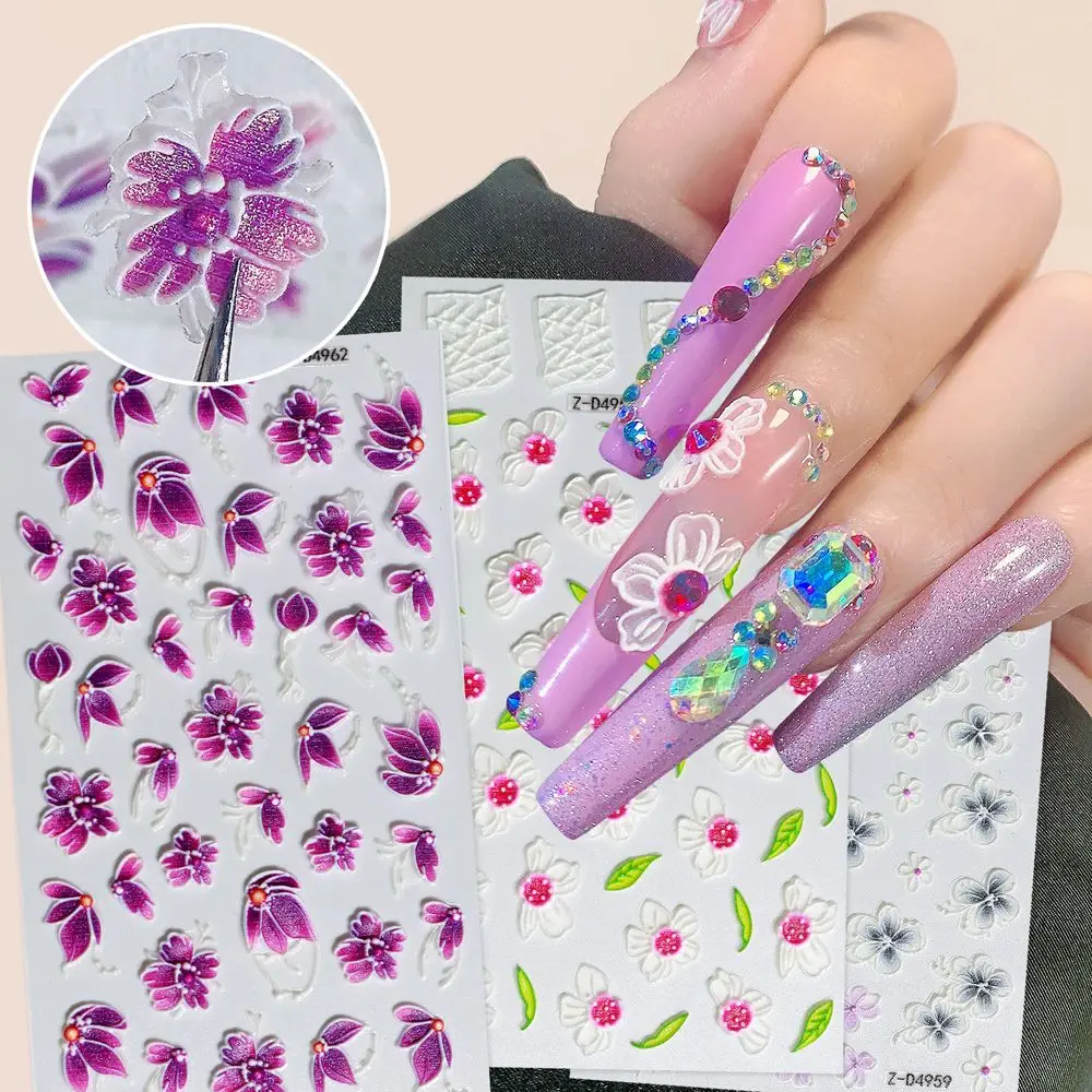 

2022 New 5D Three-Dimensional Back Glue Embossed Color Leaves Flowers Nails One Hundred Towers Shape Self-Adhesive Nail Stickers