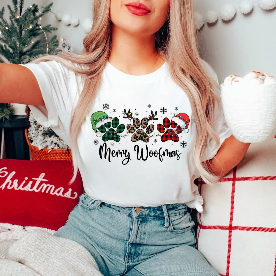 Винтажная новогодняя футболка с принтом Merry Woofmas Santa Hat модная женская и круглым