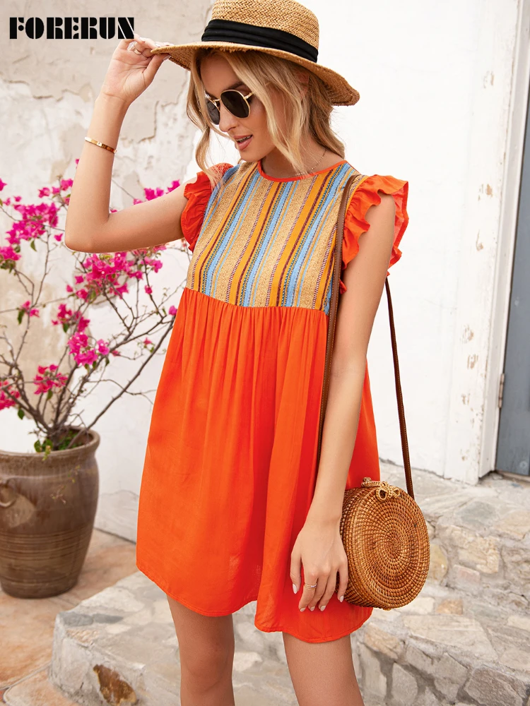 

FORERUN Summer Dresses Women Vintage O Neck Ruffle Sleeve Ladies Boho Mini Robe Femme Vestido Verano