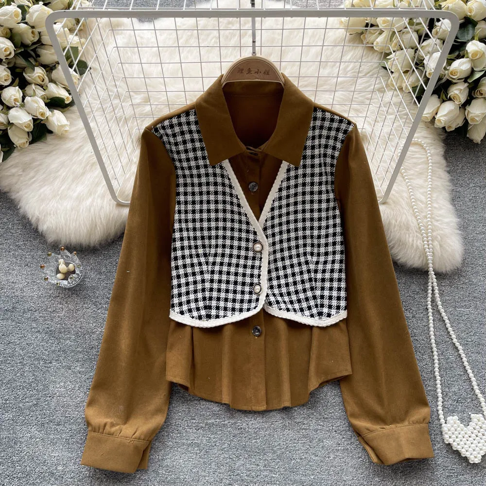 

French Chic Blouse Fake Two Pieces Shirts Women Turn Down Collar Shirt Tops Casual Blouses Lantern Sleeve Blusas Dropshipping