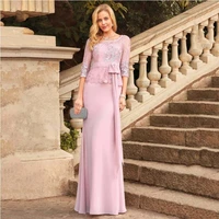 mother of the bride dresses 2022 pink scoop neck party gowns 34 sleeves lace bow belt sheath floor length robe de soir%c3%a9e femme