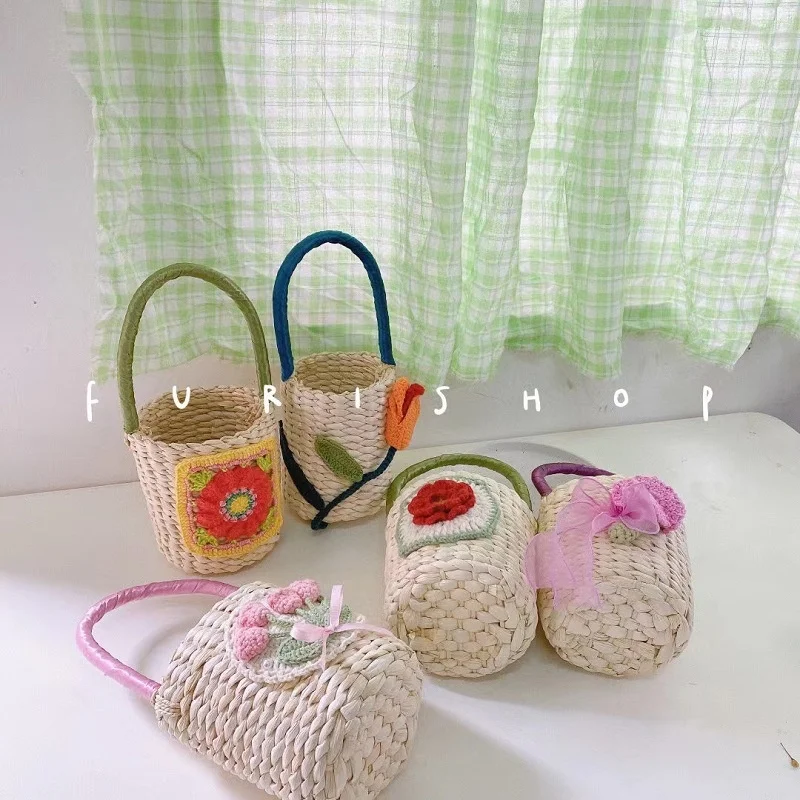 

Новый Винтажный стиль ручная вязка шерсть цветок аксессуары кукурузная солома Тканое маленькое ведро детская сумочка