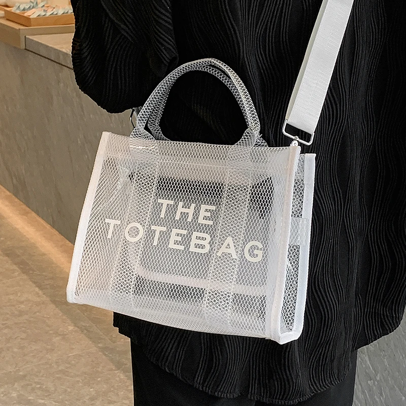 Women White Jelly Shoulder Bag PVC Transparent Ladies Mesh Tote Bags Letter Print Waterproof Female Summer Seaside Beach Handbag