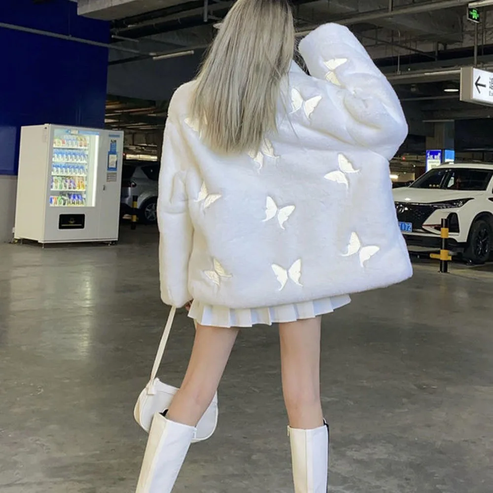 baby blue fur Winter Women's h Reflective Butterfly Imitation Fur Coat Harajuku Casual Street Jackets Female Hip-hop Tops