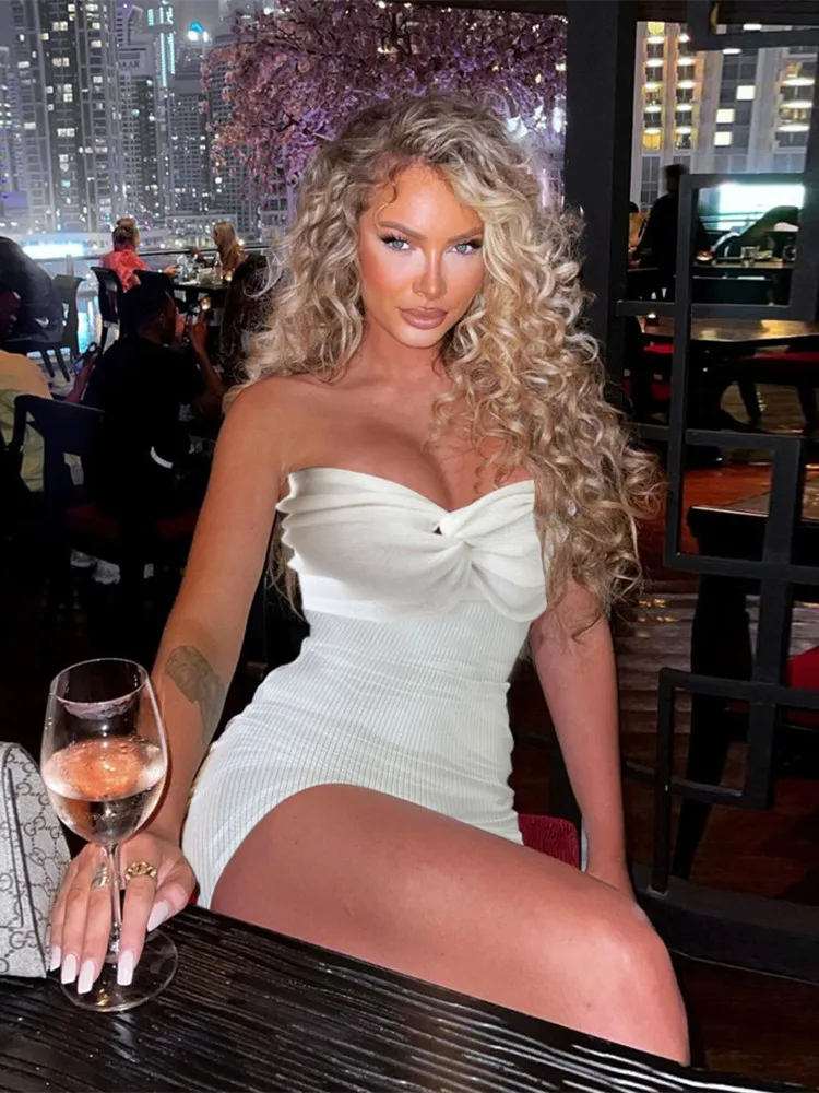 

2022 New Elegant Sexy Strapless Knitted Mini Dress Outfits For Women Party Club Sleeveless Backless Dresses Summer