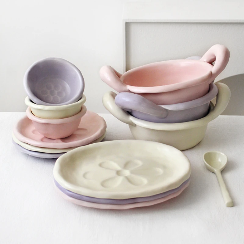 Japanese Ceramic Tableware Set Cream Handmade Plate Breakfas