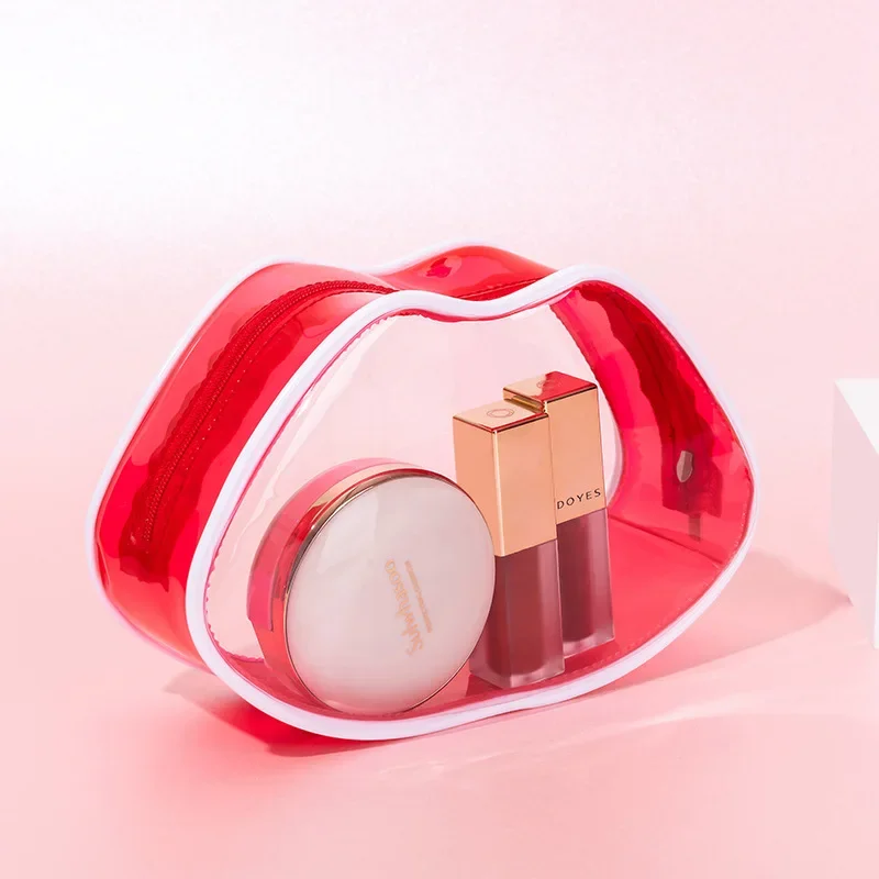 

Transparent Women's Cosmetic Bags Waterproof PVC Cute Red Lips Shape Lipstick Pouch Travel Makeup Storage Organizer Accessories