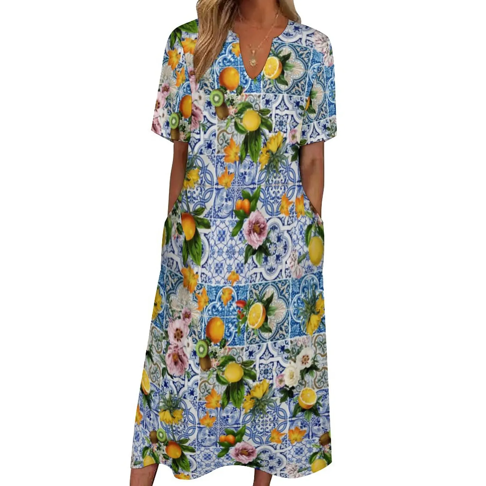 

Yellow Lemon Dress Summer Tiles With Flowers Aesthetic Boho Beach Long Dresses Female Pattern Kawaii Maxi Dress Large Size