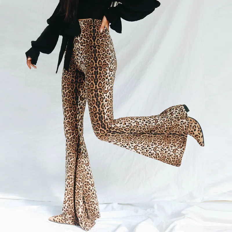 Women's trousers 2022 new elastic high waist leopard print tiger print flared pants women's fashion
