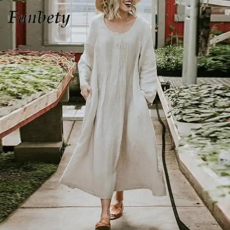 

Women Elegant Solid Color Party Dress Sumemr Fashion O-Neck Cotton Linen Dress Ladies Casual Long Sleeve Pocket Pullover Dresses