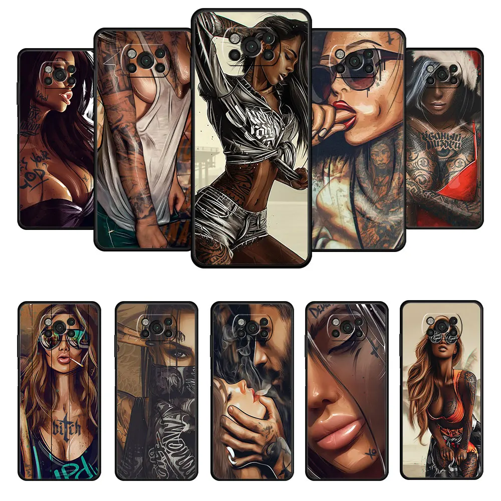

Original For Xiaomi POCO 10T X4 F3 MI 11 lite 9T M4 Pro 5G X3 NFC F4 GT M3 11T Sexy Sleeve Tattooed Girl Phone Coque