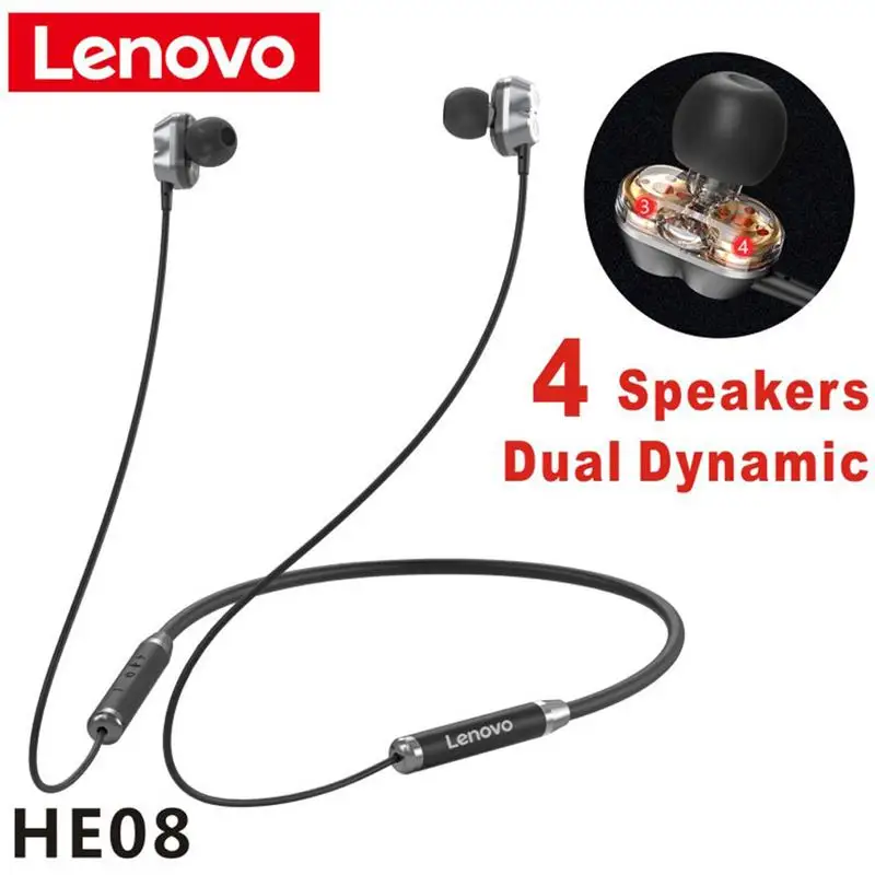 

Беспроводные наушники Lenovo HE08, Bluetooth 5,0, с двойным динамическим 4 драйверами, металлическая Hi-Fi стерео Спортивная Магнитная гарнитура для HE08