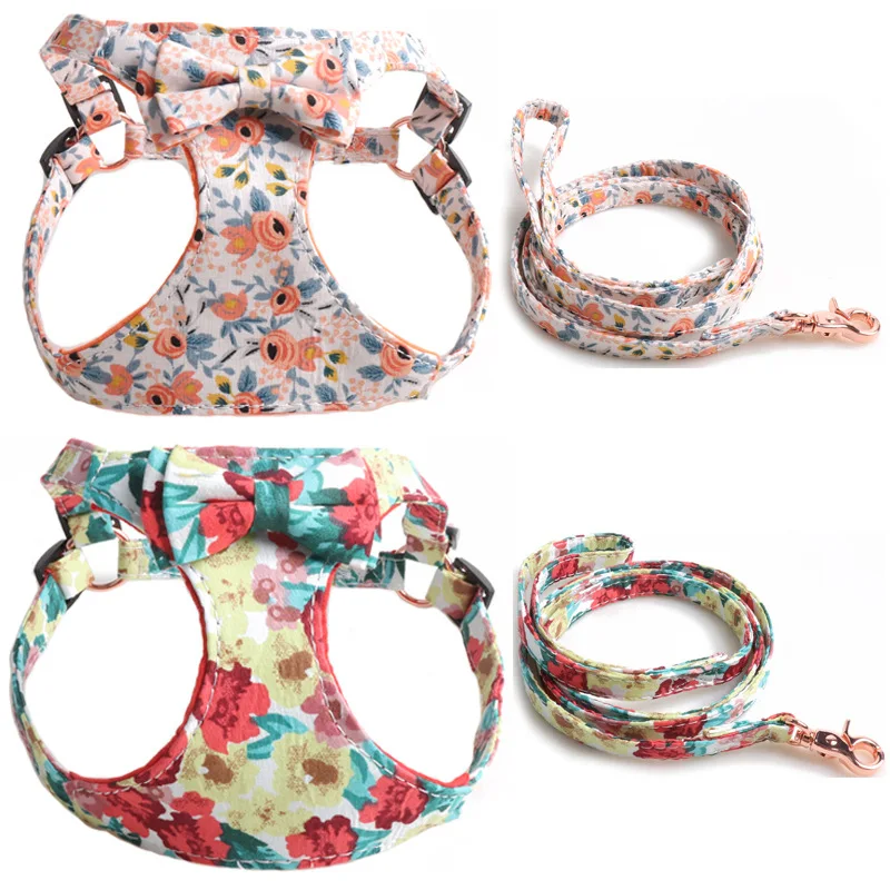 Fashion Bow Print Flower Dog Harness Leash Set Pet Puppy Cat Vest Leashes Cute Adjustable For Small Medium Large Dogs Chihuahua