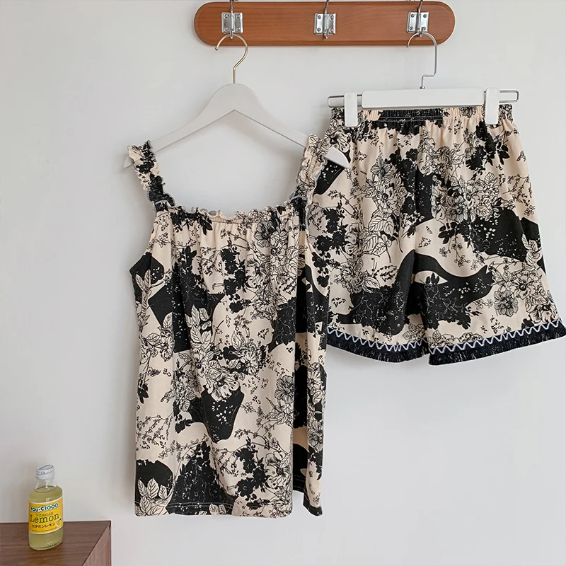 CAIYIER New 2023 Oil Korean Summer Spring Women Pajamas Set Sleeveless Top+Shorts Ruffle Sleepwear Soft Sweet Female Nightwear