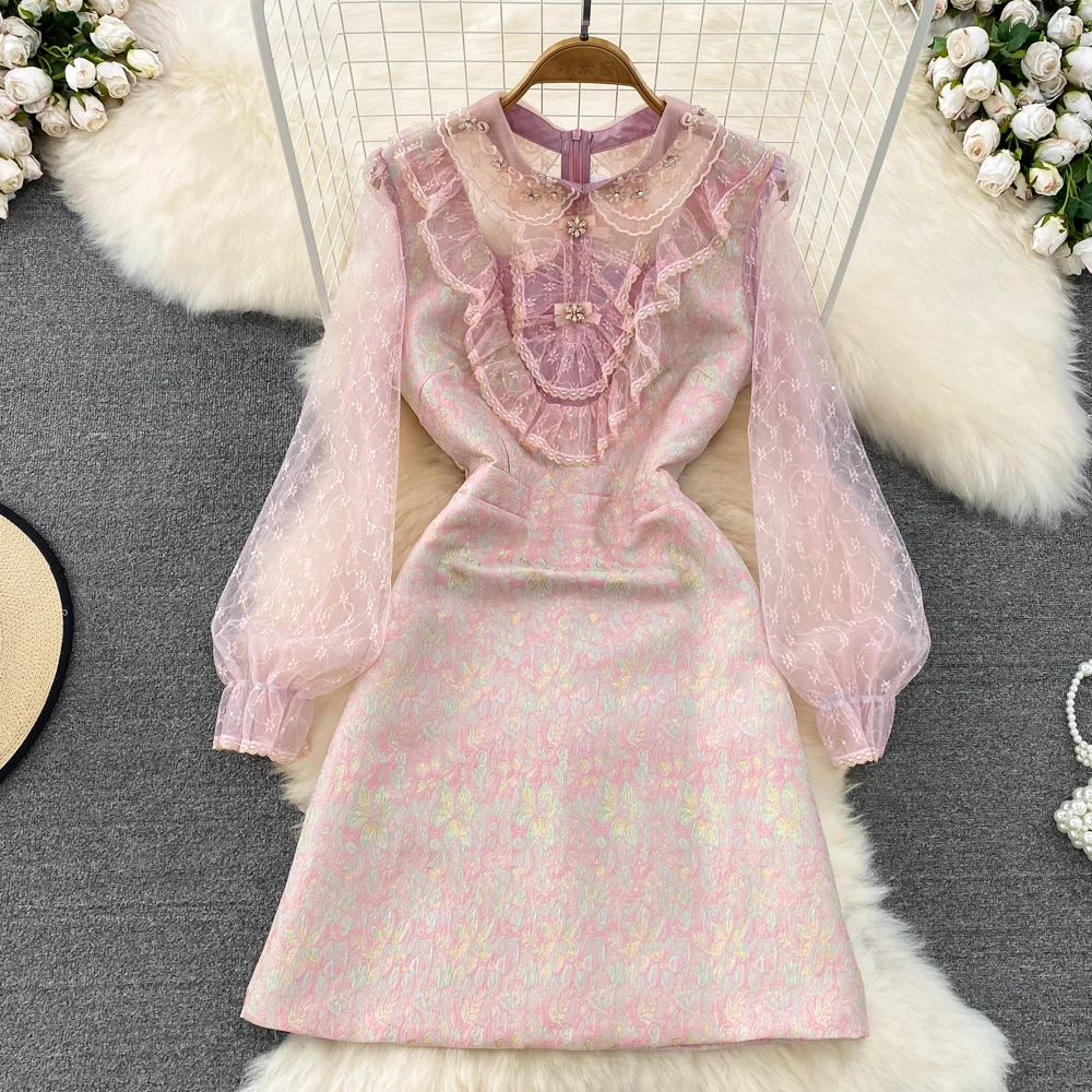 2023 Spring and summer embroidery nailed beaded patchwork jacquard A-line dress