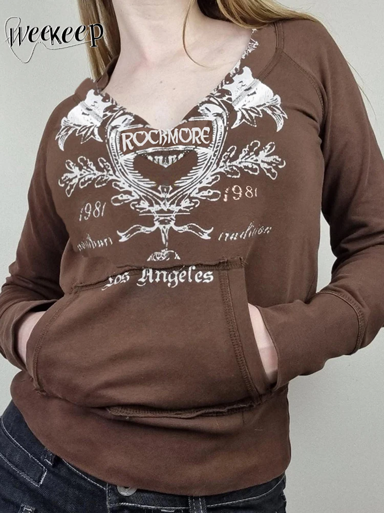 

Weekeep 2022 Autumn Brown Print Sweatshirt Vintage Chic V Neck Pocket Knit Pullovers Grunge Basic Streetwear Aesthetic Top Lady