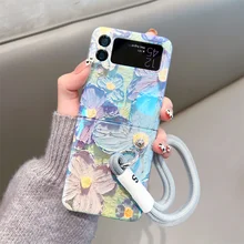 Cute Cartoon Wristband Hand Rope Blu Ray Silicone Case For Samsung Galaxy Z Flip3 5G Cover Glossy Flowers Phone Bag Capa