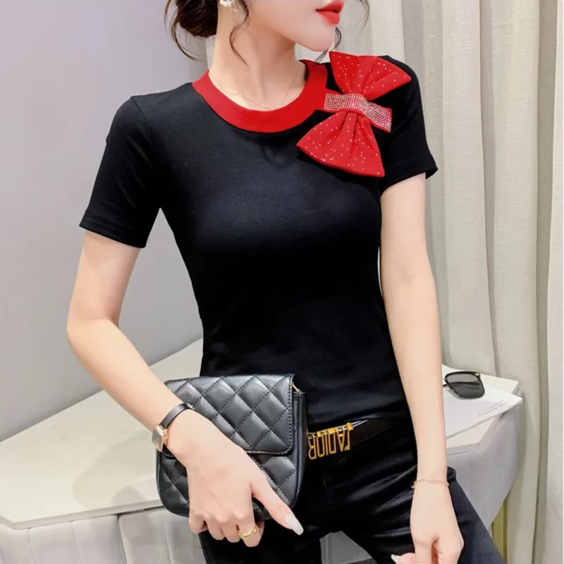 

#5111 Korean Fashion Short Sleeve T Shirt Women O-neck Bow Diamonds Sexy Tops Short T Shirt Female Slim Cotton Black White Green