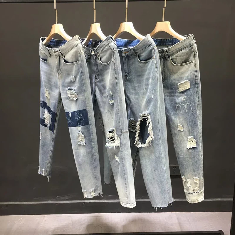 Polarized Jeans Men's Summer 2023 New Trendy Beggar Rotten Pants Slim Light-colored Nine-point Small Foot Pants