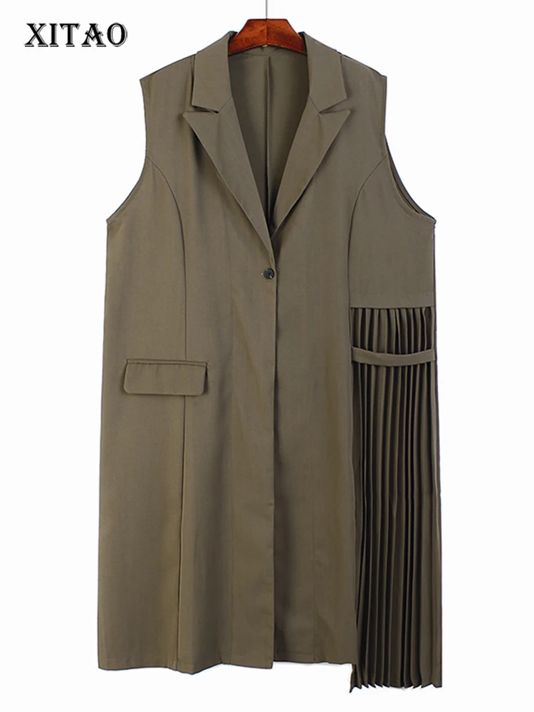 

XITAO Solid Color All-match Suit Collar Vest Fashion Temperament Asymmetrical Pleated Simple Medium and Long New Women WMD6279