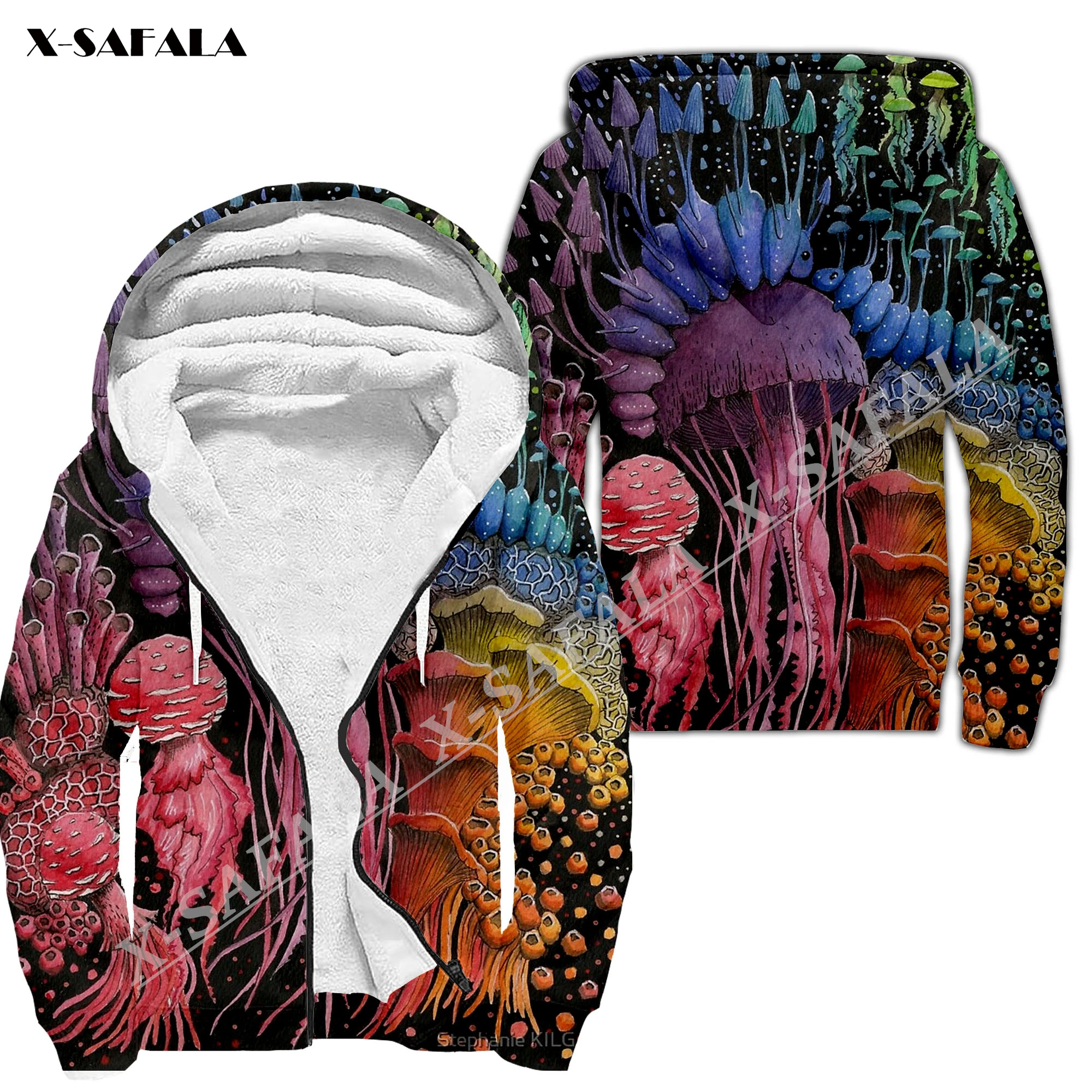 Colorful Mushroom Fungus 3D Print Men Warm Thick Fleece Zipper Hoodie Jacket Windproof Pullover Coat Hooded Outwear 4
