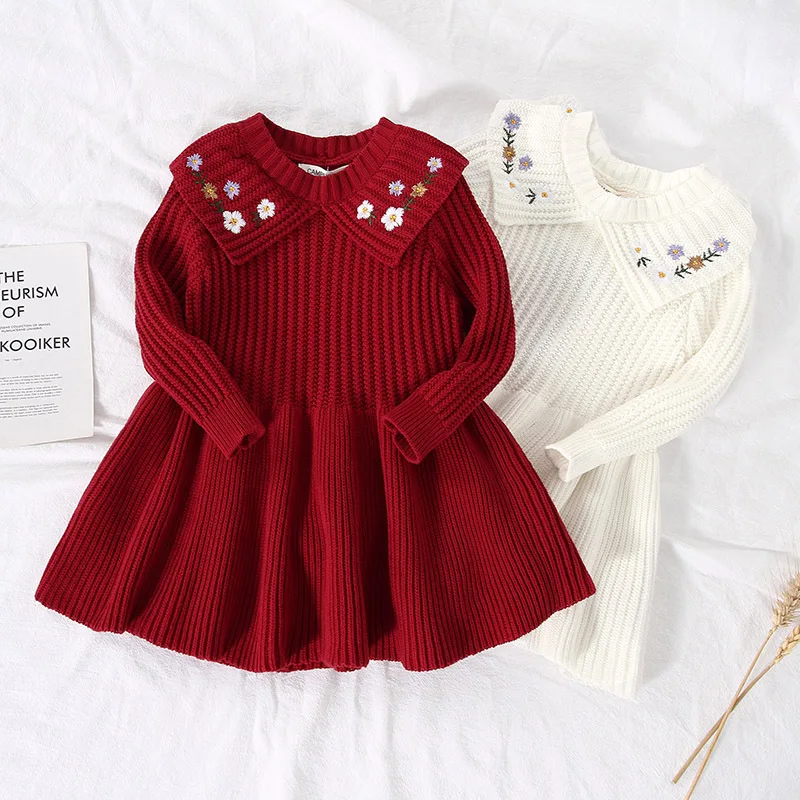 

New Autumn Kids Knitted Dress Children Warm Embroidered Knit Sweater Girls Outwear Dress