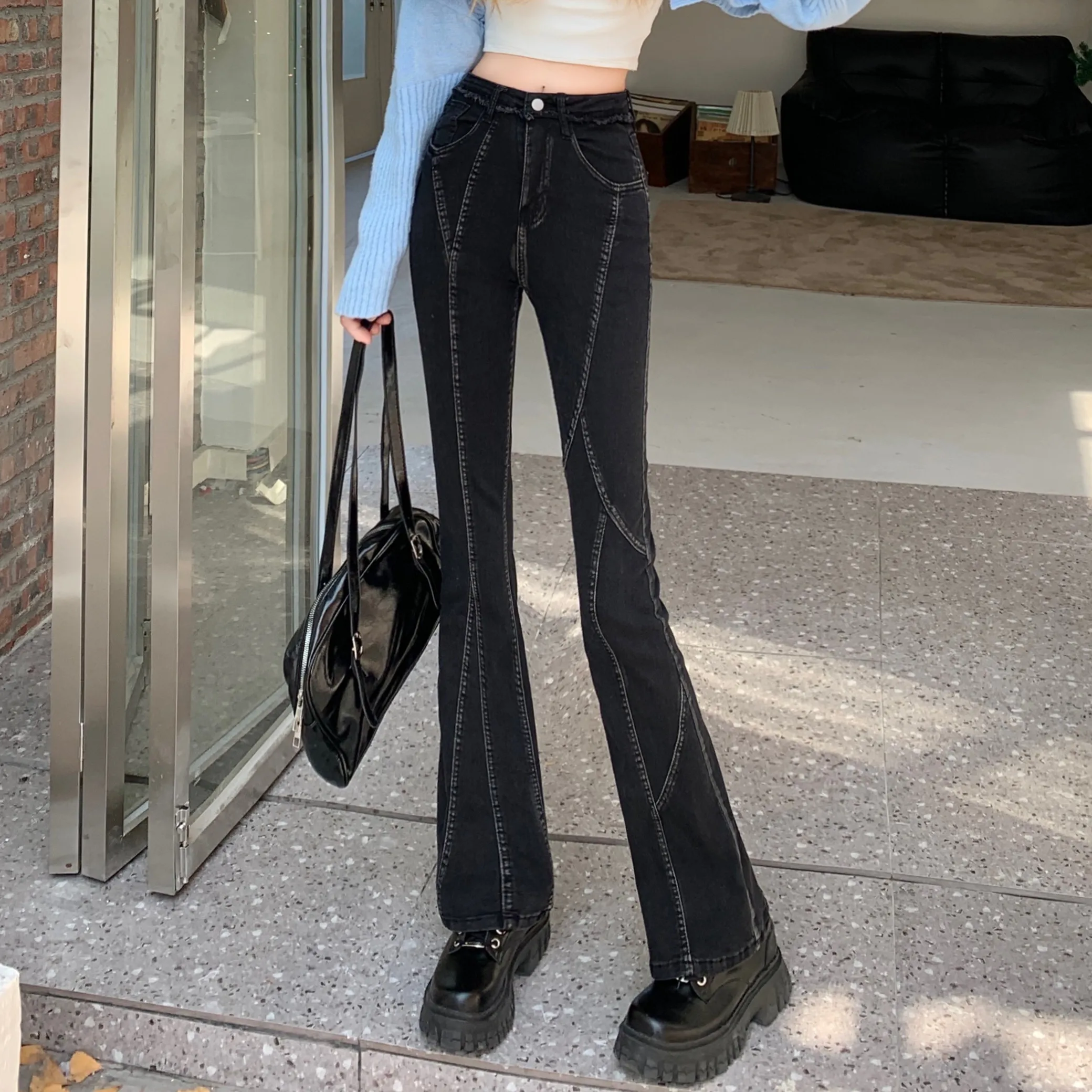 Ripped High Waisted Jeans for Women Korean Fashion Trends Patchwork Clothes Teenage Flare Denim Pant Vintage Streetwear Trousers