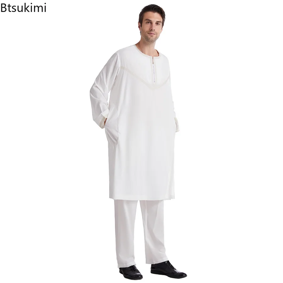 Ramadan 2piece Long Sleeve Plain Solid Muslim Men Clothing Arabic Islamic Abaya Robe Fashion Saudi Arabia Dubai Mens Jubba Thobe