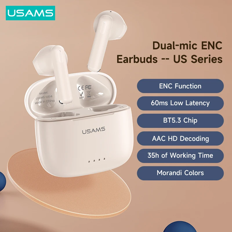 

USAMS US BT 5.3 Morandi Color TWS Earbuds AAC SBC HiFi Stereo Dual-mic ENC Wireless Earphone Headset For Apple Android Devices