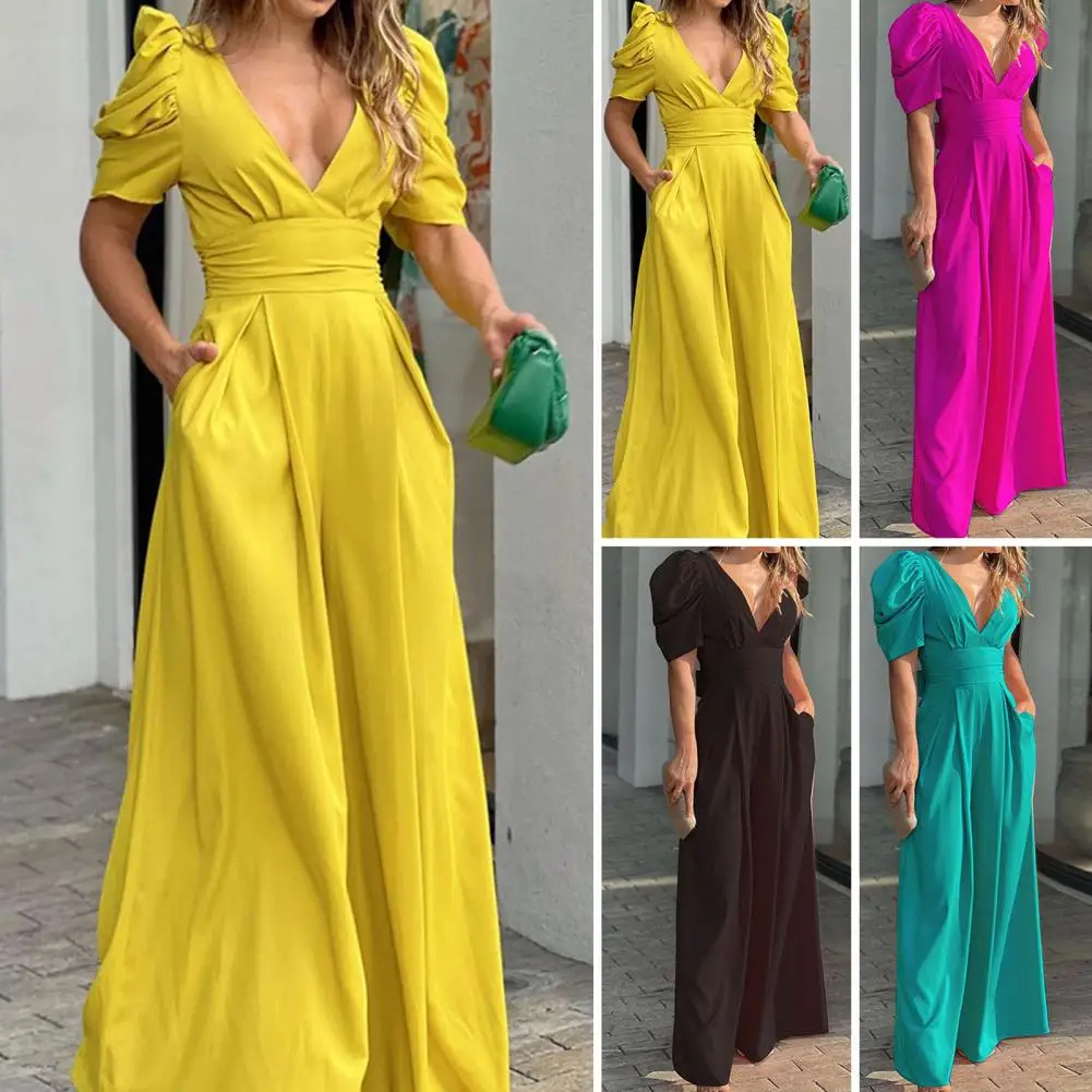 

Elegant Women's Jumpsuit with Puff Sleeves V-Neck Hollowed Waist Tie Wide Leg Pants Playsuits