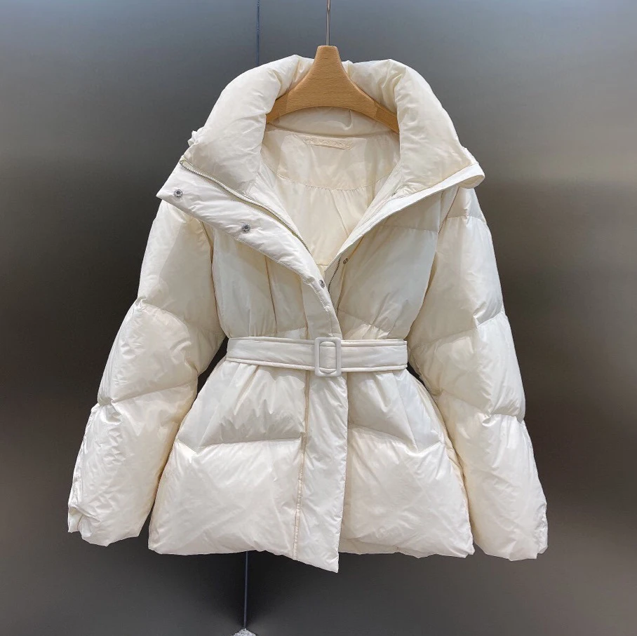 

Korean Fashion Female Waist Belt Warm White Duck Down Zip White New Feather Short Hooded Down Puffer Jacket Women Winter Coats