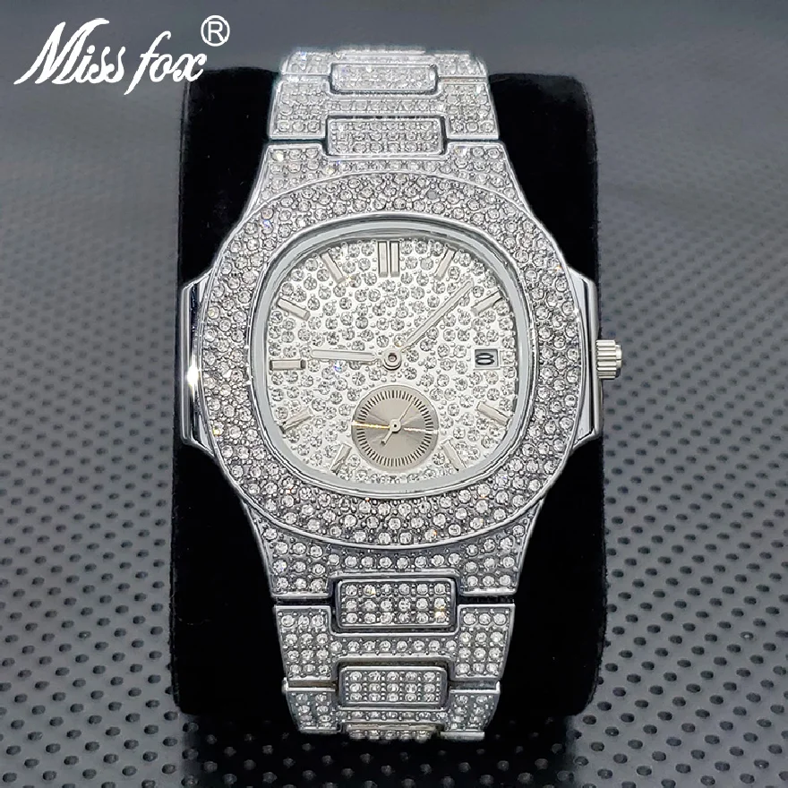 

Top Brand Luxury Men Watch Fashion Silver Stainess Steel Full Diamond Quartz Watches Hip Hop Rapper Jewelry Wristwatch For Male