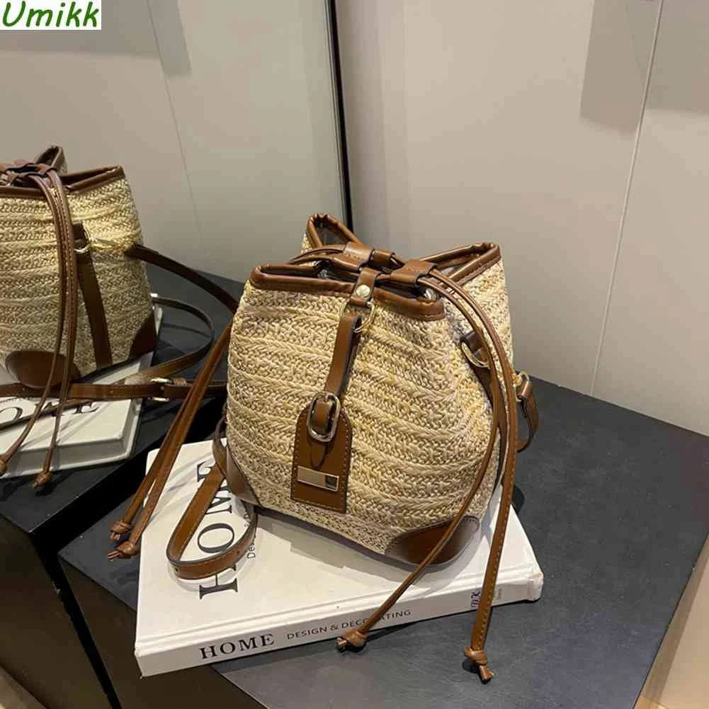 

Соломенные сумки через плечо, женская сумочка из искусственной кожи, женская модная плетеная Сумка-мешок через плечо, пляжная сумка