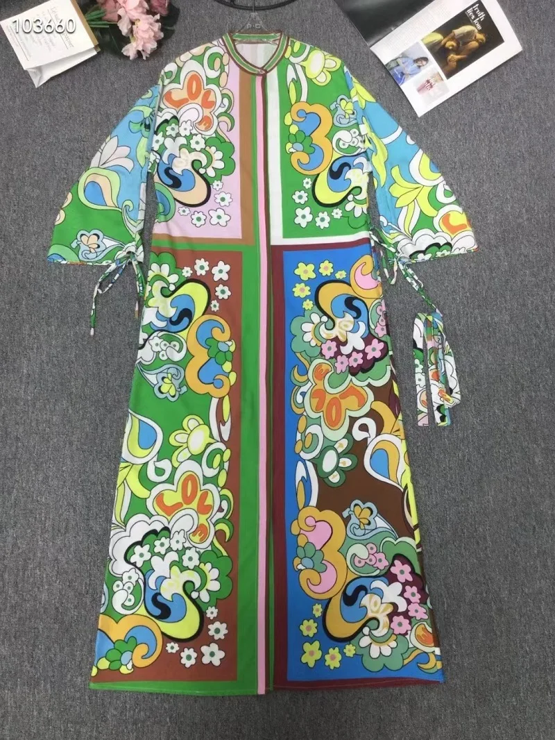 

Tops Fashion New 2023 Autumn Long Dress Women Abstract Prints Belted 3/4 Sleeve Casual Party Loose Green Long Elegant Dress XXL