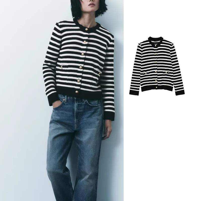 

Кардиган женский трикотажный в полоску, с металлической пряжкой, на пуговицах