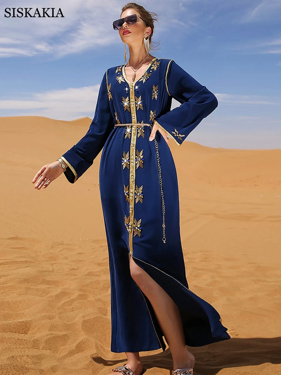 

Siskakia Ramadan Eid Abaya Dress Women 2022 Luruxy Diamonds Dubai Turkey Arab Oman Moroccan Caftan Banquet Party Clothes Belted