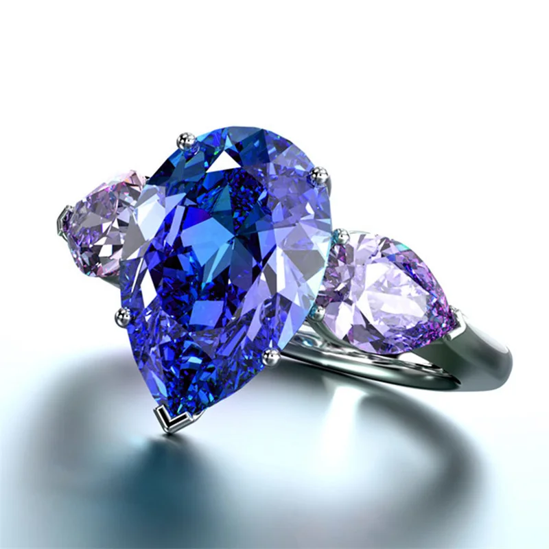 

2022 New Jewelry Personality Pear-shaped Water Droplet Inlaid Blue-purple Zircon Wedding Ring Fashion Creative High-quality Ring