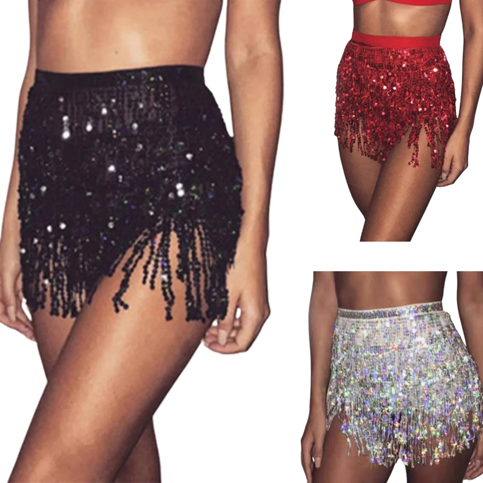 

Music Festival Party Mini Skirts Women's Sequins Belly Dancer Costume Tassel Wrap Skirt Club Mini Skirt Festival Outfit Damen