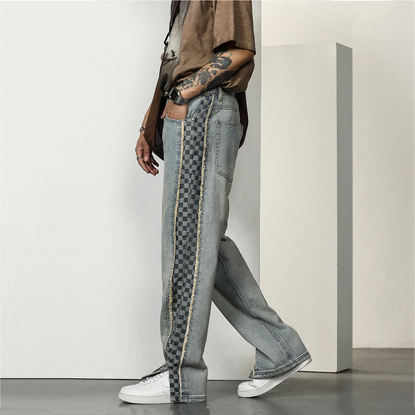 Four Seasons Men's Color-blocking Jeans New American Street Design Washed Denim Straight Loose Trousers Ins Hot Selling Denim