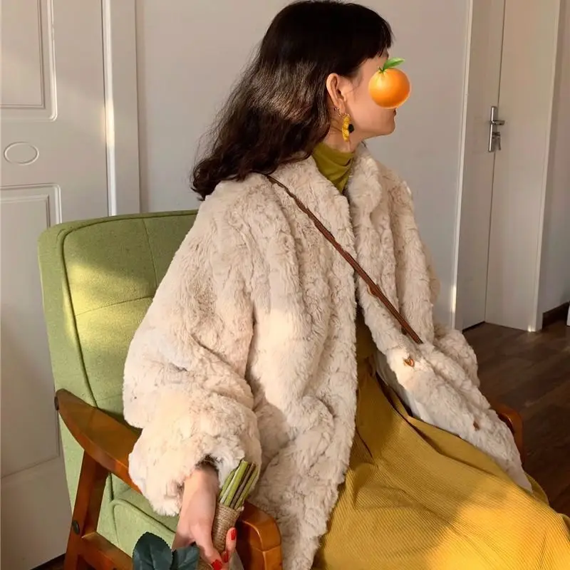 Faux Fur Coat Women's Winter Short Thickened Apricot Plush Coat Fur Sweet Cute Girl Winter Tendy Fur Clothes  Fluffy Jacket