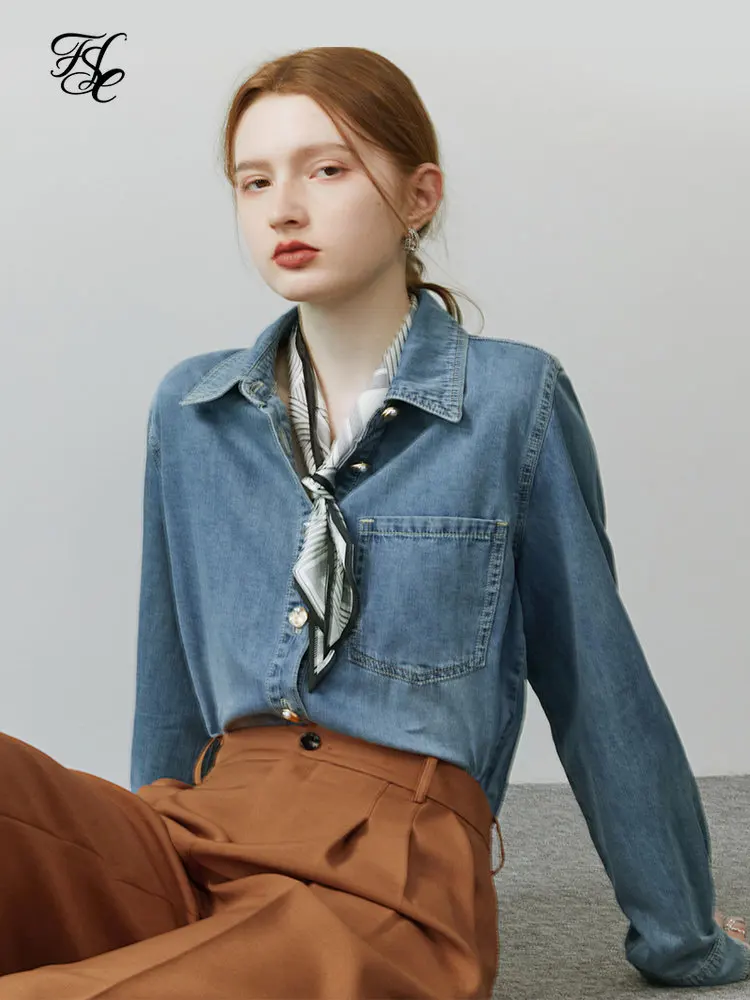 FSLE 2022 Winter Blue Soft Denim Shirt Outside Female Korean Loose Autumn Long Seeve Stacking V-Neck Casual Women Shirt