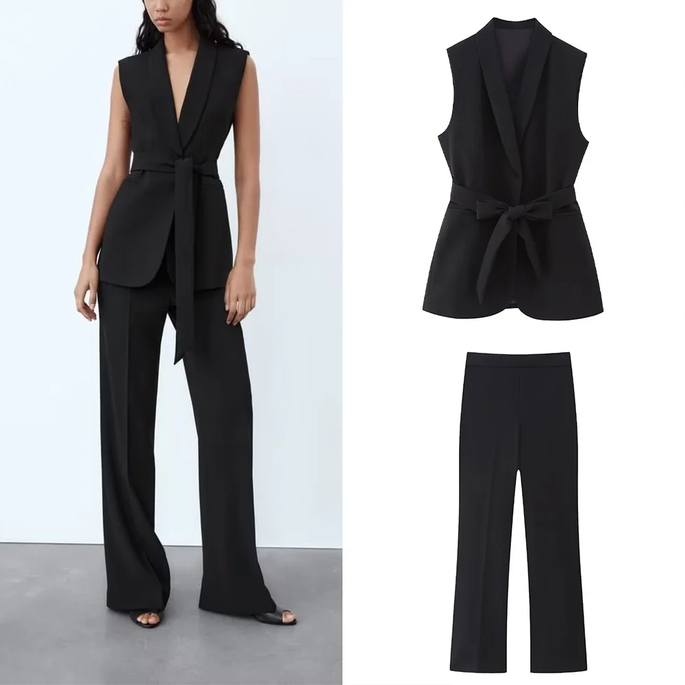 

PB&ZA Summer New Women's Fashion Commuter Set with Belted Dress Vest + Slim Draped Trousers 7848187