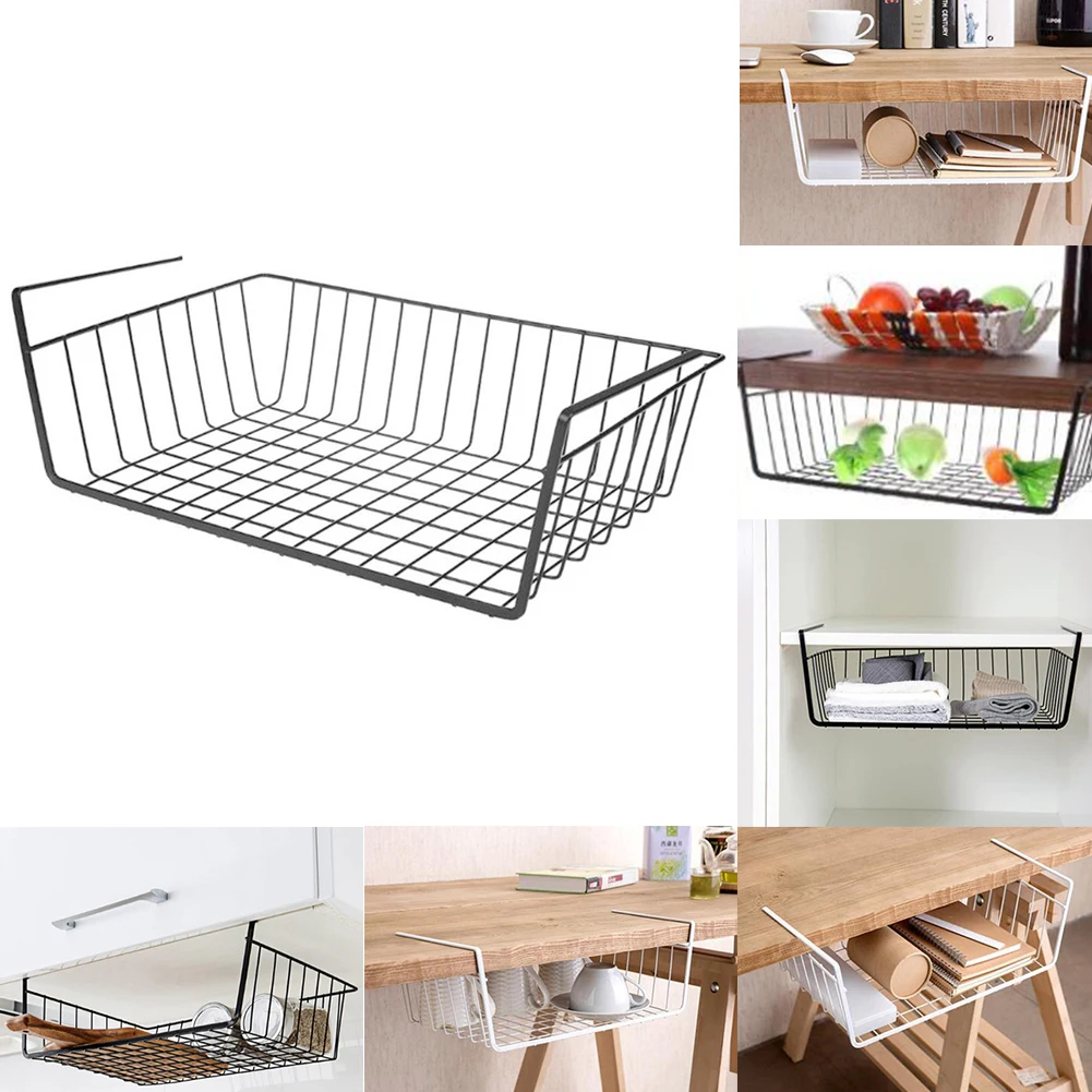 

1pc Cupboard Hanging Under Shelf Storage Iron Cabinet Closet Desk Hanging Mesh Basket Wire Bookcase Shelf Rack Organizer