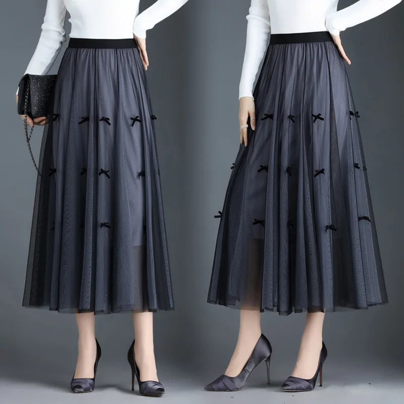 Women's Pleated Midi Tulle Long Skirts Bow Tie Elastic High Waist Luxury Elegant Black Skirt Woman Fashion Slim Faldas