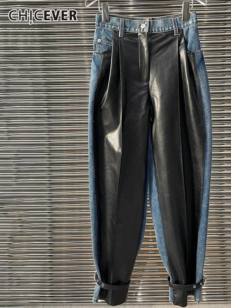 

CHICEVER Patchwork PU Leather Colorblock Jeans For Women High Waist Loose Wide Leg Pants Female Fashion 2022 Autumn Clothing New