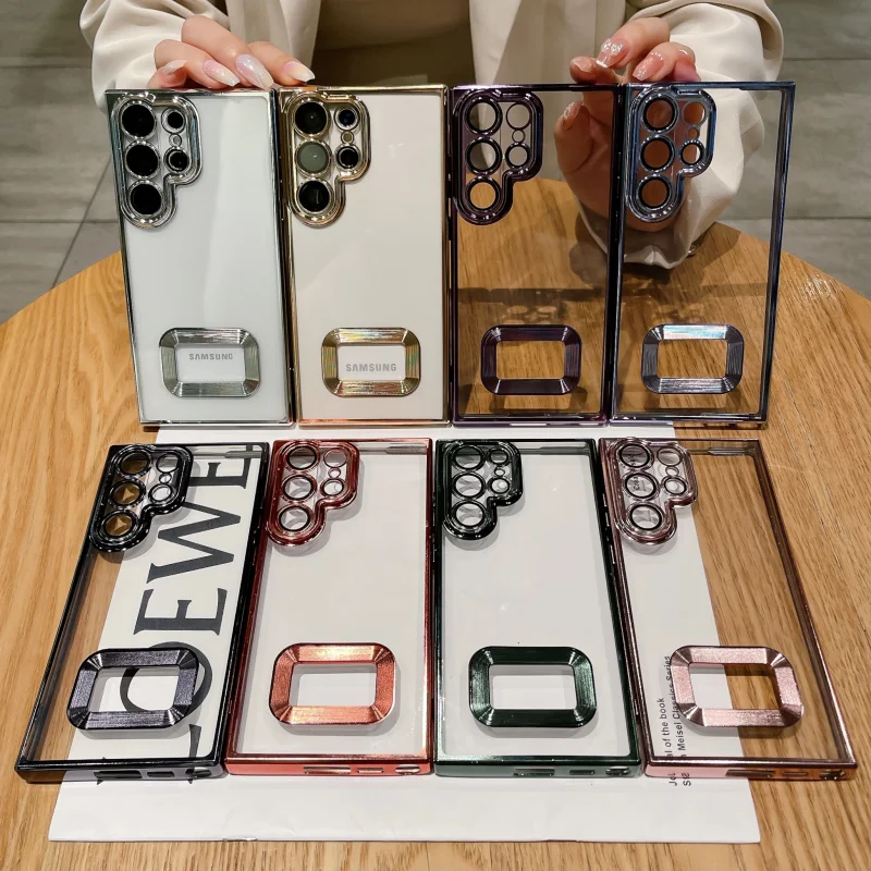 

Luxury Plating Logo Hole Transparent Case For Samsung S22 S23 Ultra Note 10 20 Plus S20FE J6 J4 M51 M33 A32 A23 A54 A73 Cover