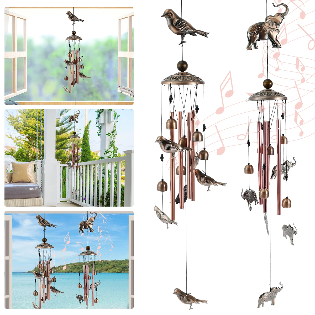 

85CM Large Bird Elephant Wind Chimes with Hook Hanging Wind Catchers with Clear Sound Metal Retro Memorial Wind Chimes