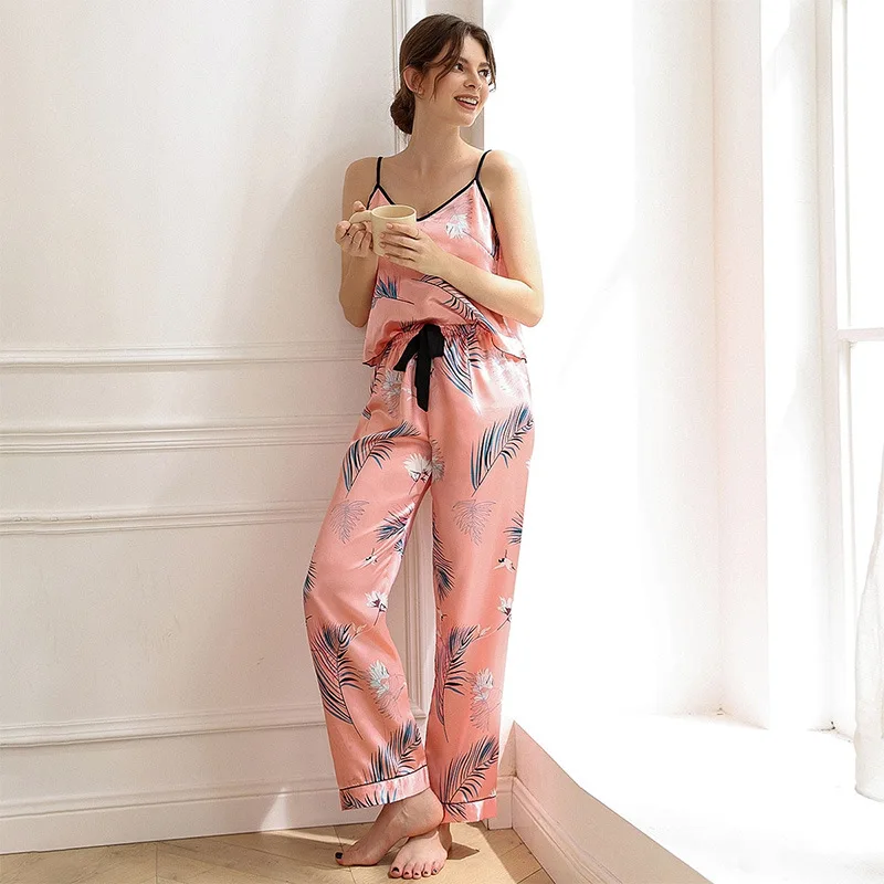 

Elegant Floral Print Pajama Set Women Camisole Top & Pants Set Imatation Silk Sleepwear Suit Soft Loungewear Halter Pyjamas Suit